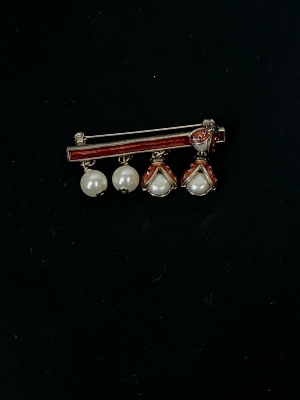 Chanel Classic Pearl Drop Brooch with Red Enamel Accent